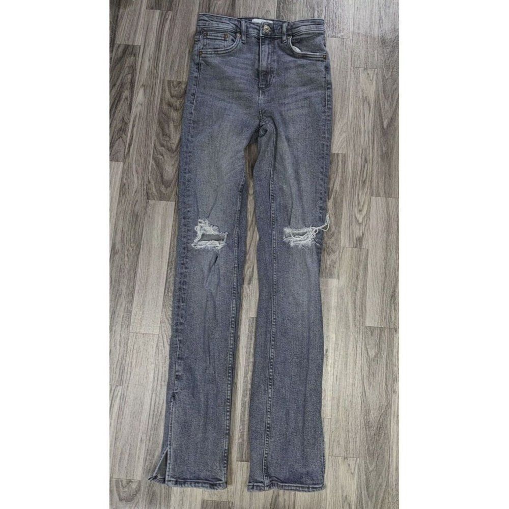 Zara Womens Size 4 Pockets Slit In Hem Distressed‎ Whiskered Denim Grey Jeans
